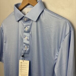 Collars & Co Men's Large Tall Semi-Spread Collar Polo Shirt Blue Houndstooth NEW